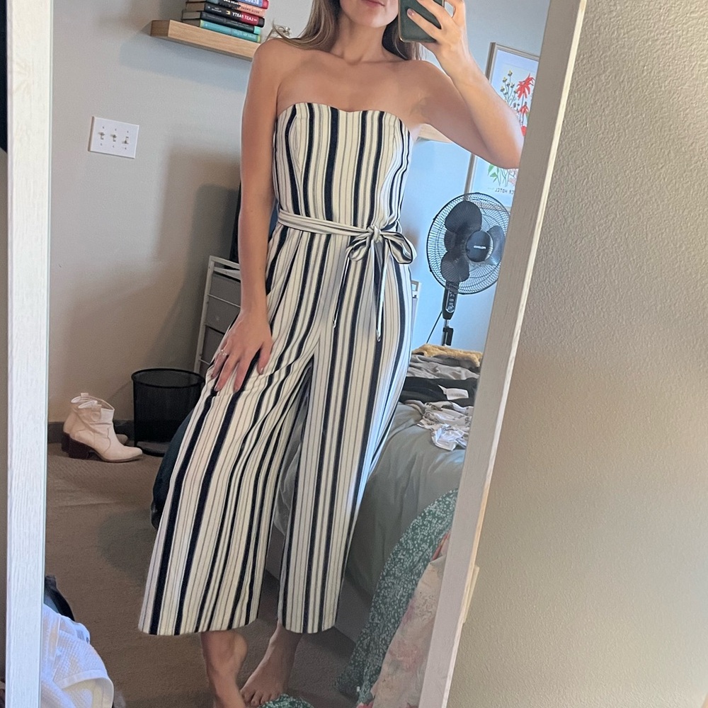 Navy blue and white stripe jumpsuit